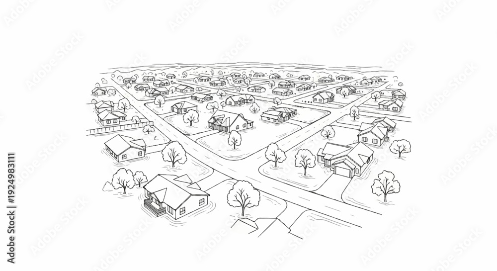 Fototapeta premium Aerial sketch of a suburban neighborhood with winding roads and houses (1)