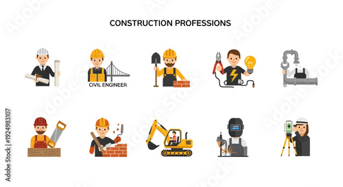 Flat icons representing various construction professions with safety gear