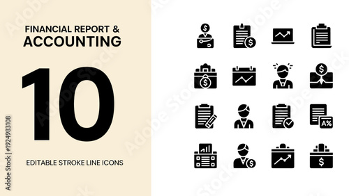 Financial Report and Accounting Editable Stroke Line Icons Set.