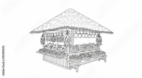 Sketch of a market stall with thatched roof displaying produce in baskets