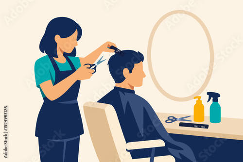 Hairdresser cutting client's hair in a barber shop salon for grooming and styling