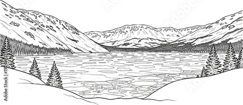 Sketch of a frozen lake surrounded by snow-capped mountains and pine trees
