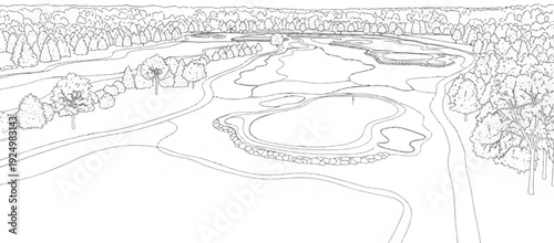 Aerial sketch of a golf course with water features and trees