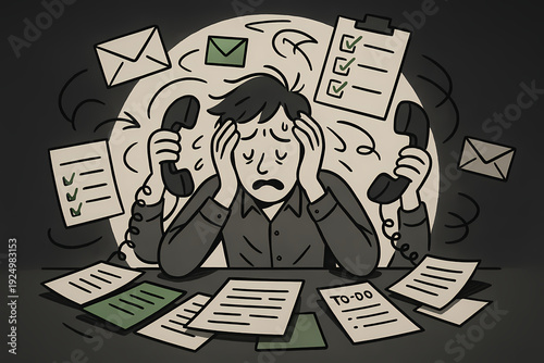 Overwhelmed Office Worker Struggling with Multiple Tasks and Phone Calls in a Chaotic Environment