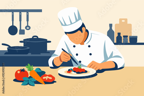 Professional chef plating gourmet food in a restaurant kitchen with fresh ingredients