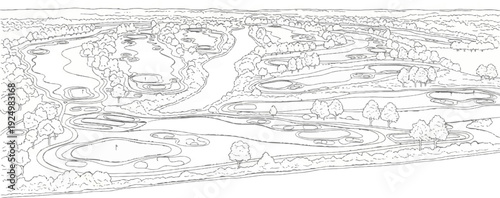 Aerial view sketch of a sprawling golf course with winding fairways and bunkers