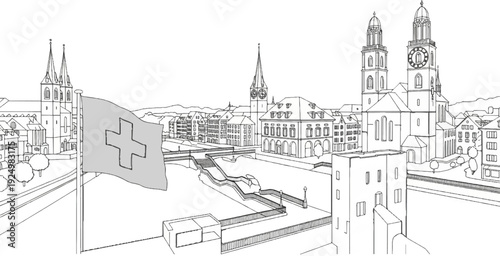 A Swiss flag waves over a picturesque city with historic architecture and a river