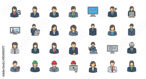 Grid of 28 business and professional icons featuring diverse figures and technology