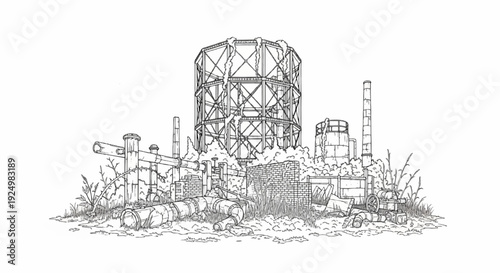 Sketch of a derelict industrial site with overgrown vegetation and debris