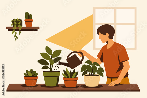 Young person watering various potted plants on a shelf, nurturing green home garden
