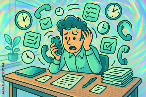 Office Worker Feeling Overwhelmed by Tasks and Calls in Colorful Background Illustration