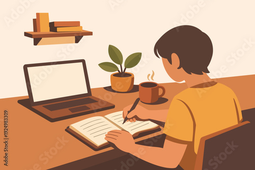 Person studying at home, writing in a notebook next to a laptop and a steaming mug