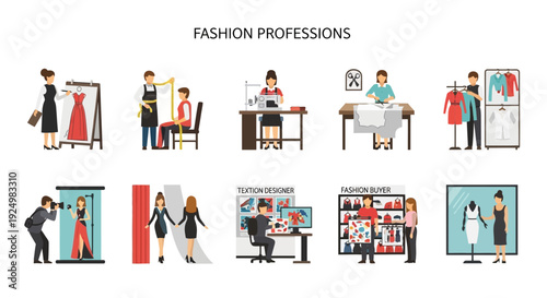 Illustration of ten different fashion professions arranged in two rows