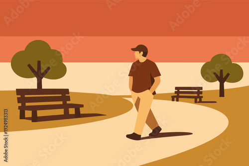 Man enjoying a peaceful walk through a park at sunset during autumn