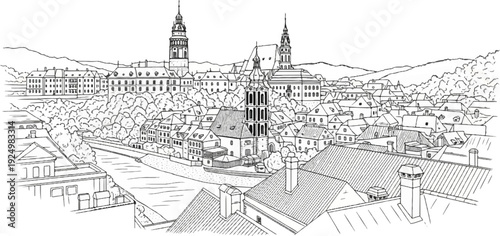 Panoramic sketch of a European town with a river, rolling hills, and varied architecture