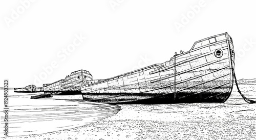 Rustic wooden ships rest on a sandy shoreline under a clear sky