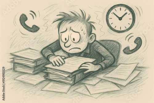 Overwhelmed Worker Surrounded by Papers with Stressful Clock and Phone Calls in Doodle Style