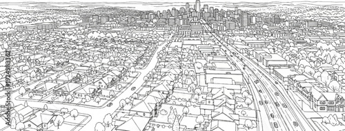 Aerial sketch of a suburban neighborhood transitioning into a downtown cityscape with a highway