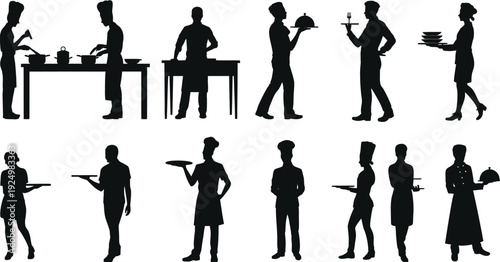Diverse silhouettes of people engaging in various office and hospitality activities isolated on white background, Vector, illustration