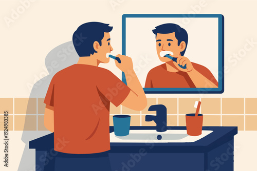 Young man brushing teeth in bathroom mirror providing daily oral hygiene routine