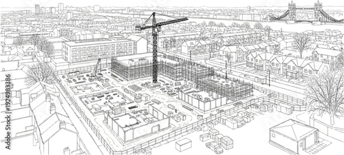 Aerial sketch of city construction site with cranes and buildings