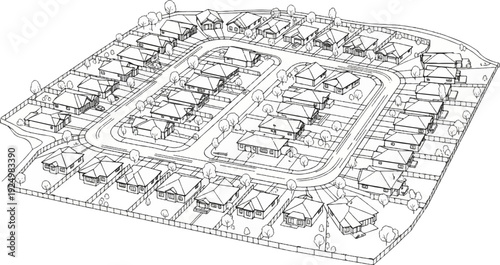 Aerial sketch of a suburban neighborhood with winding roads and houses