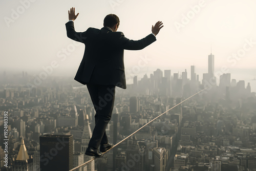 Businessman Balancing on Tightrope Above City Skyline, Risk and Determination Concept