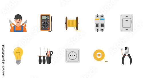 Set of ten flatdesign icons related to electrical work and tools