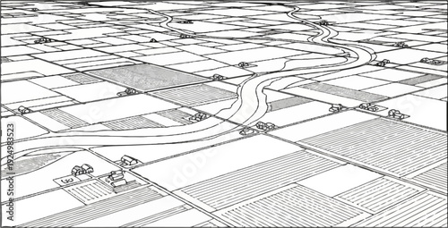 An aerial view sketch of cultivated fields divided by a winding river and scattered houses