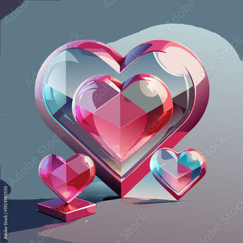 Three dimensional glass hearts in pink and blue colors on a gradient background