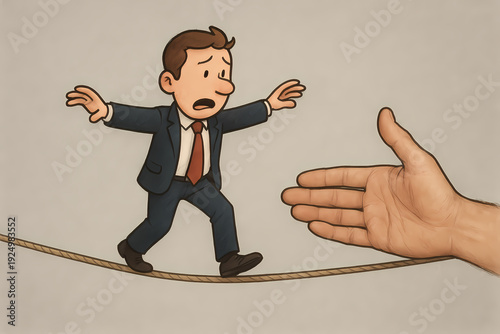 Businessman Balancing on Tightrope with Helping Hand Reaching Out for Support and Guidance