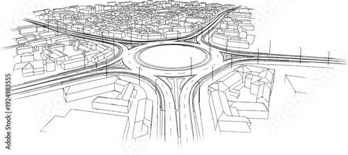 An aerial sketch shows a complex urban roundabout and overpass