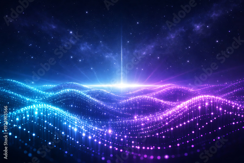 Futuristic glowing digital data wave landscape with starry sky technology background