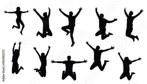 Dynamic silhouettes of people joyfully jumping in various poses isolated on white background, Vector, illustration