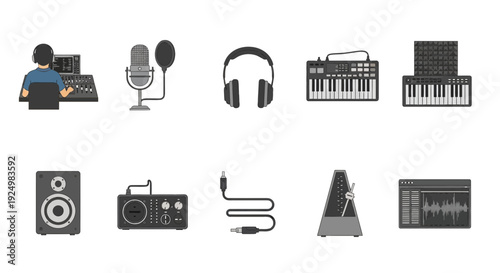 Ten audio and music production icons arranged in two rows against a white background