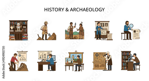 Ten cartoon icons representing various roles in history and archaeology fields