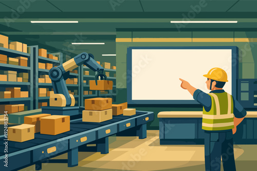 Worker supervising robotic arm automation in smart warehouse logistics system