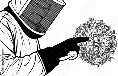Beekeeper in protective gear points at a circular swarm of bees and honeycomb