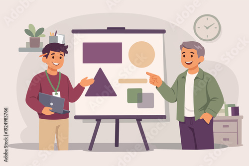 Business presentation discussion, young man learning from experienced mentor