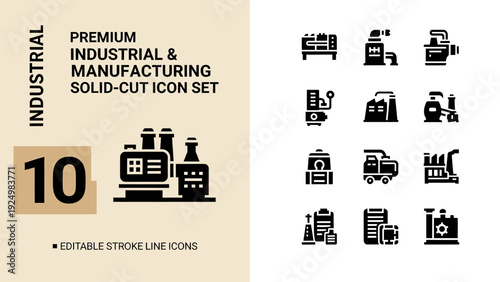 Premium Industrial and Manufacturing Solid-Cut Icon Set.