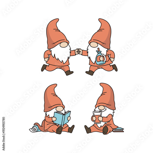 Gnomes having fun together in different activities with copy space