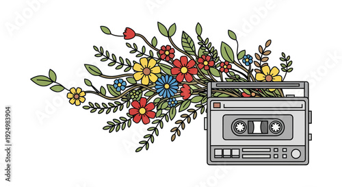 Retro Boombox with Colorful Blooming Flowers