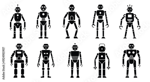Evolution of humanoid robotic designs in black and white silhouette style isolated on white background, Vector, illustration