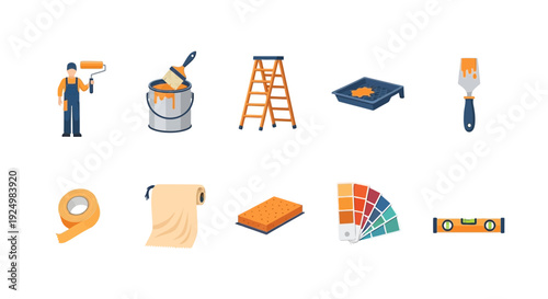 Ten flat icons related to home painting and renovation tools arranged in two rows