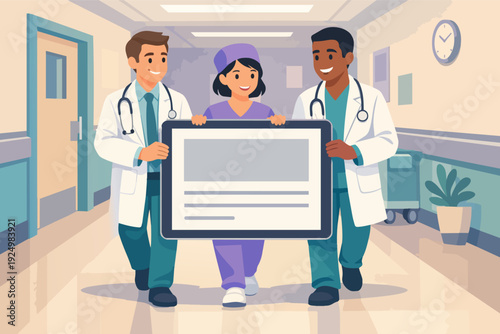 Medical team walking in hospital hallway carrying blank promotion digital sign