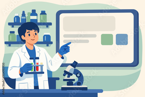 Young scientist doing chemistry research and presenting experiment results in a lab