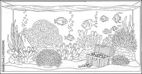 An underwater scene with fish, coral, and a treasure chest
