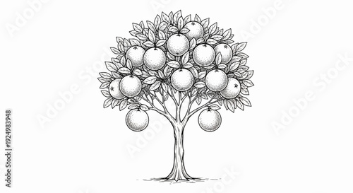 Detailed black and white illustration of a mature fruit-bearing tree with many round fruits