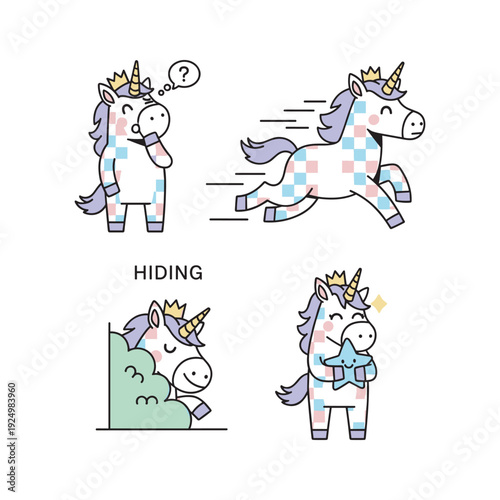 Cartoon unicorns hiding with confused and happy expressions in a humorous illustration with copy space