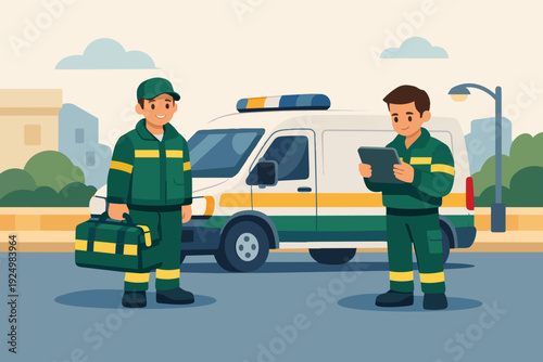 Paramedics attending emergency call with ambulance, carrying medical bag and tablet